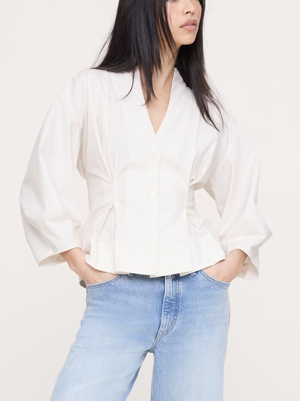 NWT! Banana Republic White Cotton Poplin Cinched-Waist Blouson Shirt Top XS